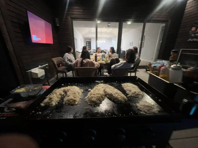 Hibachi at home equipment setup with a portable grill ready for a backyard private chef dinner