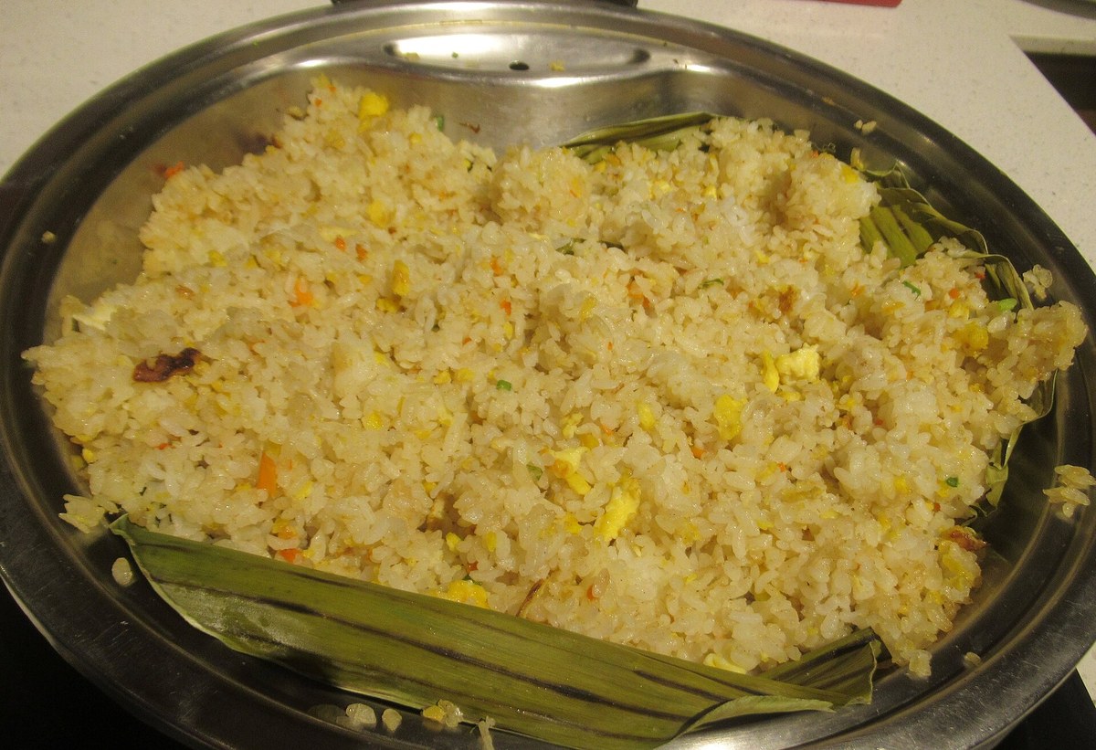 Japanese hibachi fried rice served in a bowl with the classic golden color of a teppanyaki side dish